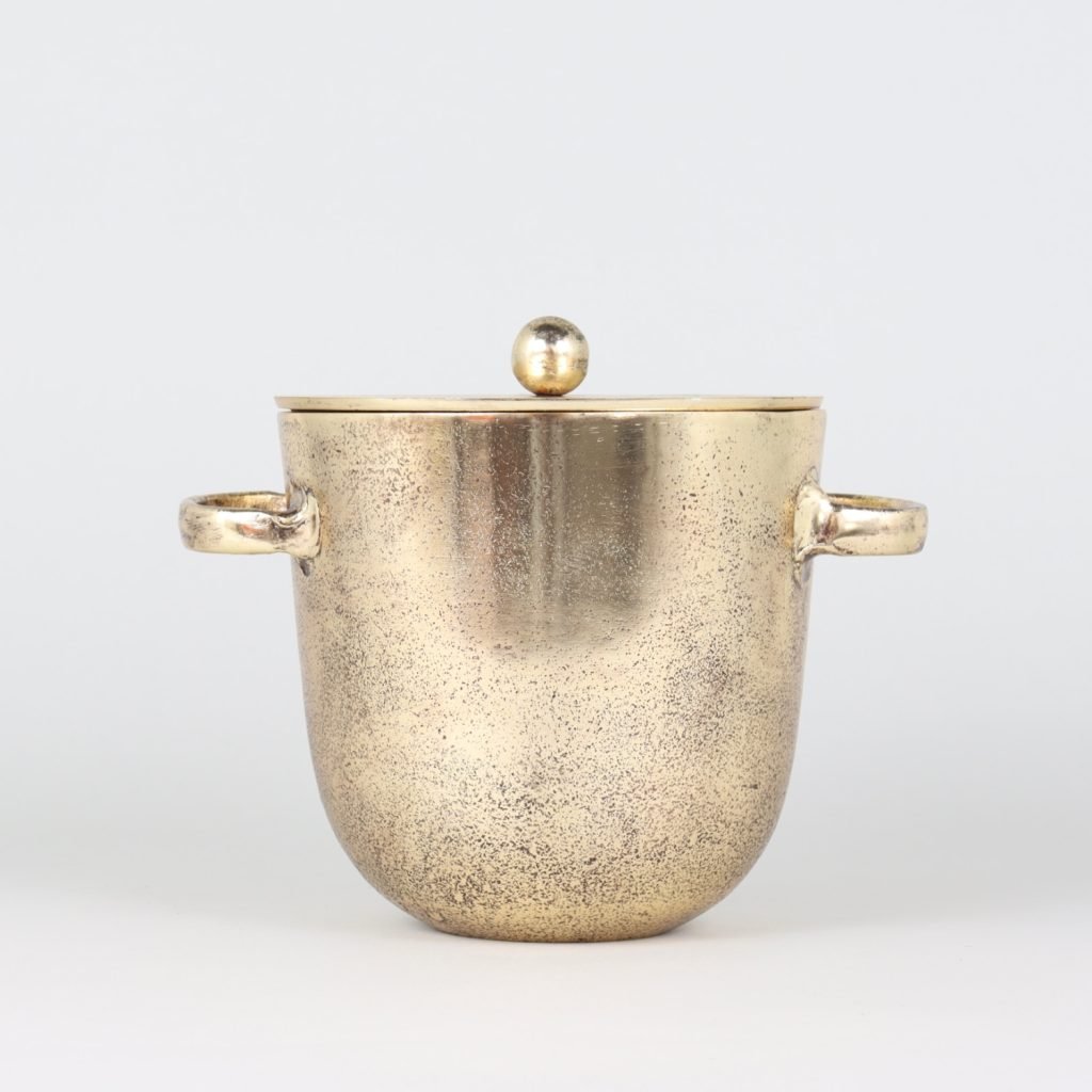 hammered brass metal ice bucket with lid and handle