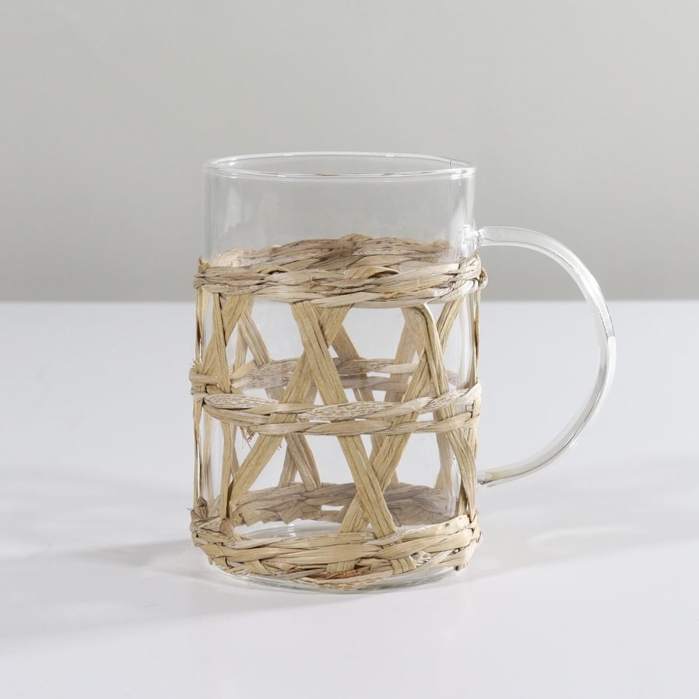glass coffee mug with woven seagrass rattan sleeve