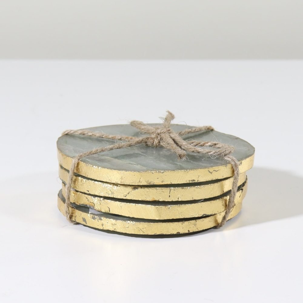 green quartz coaster set with gold edges