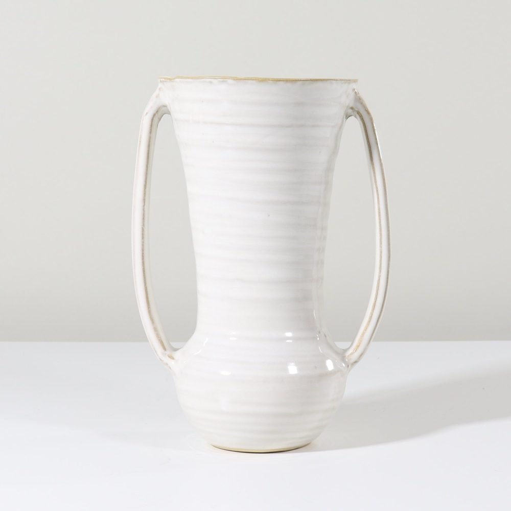 white glossy ribbed organic shaped vase with elongated handles large