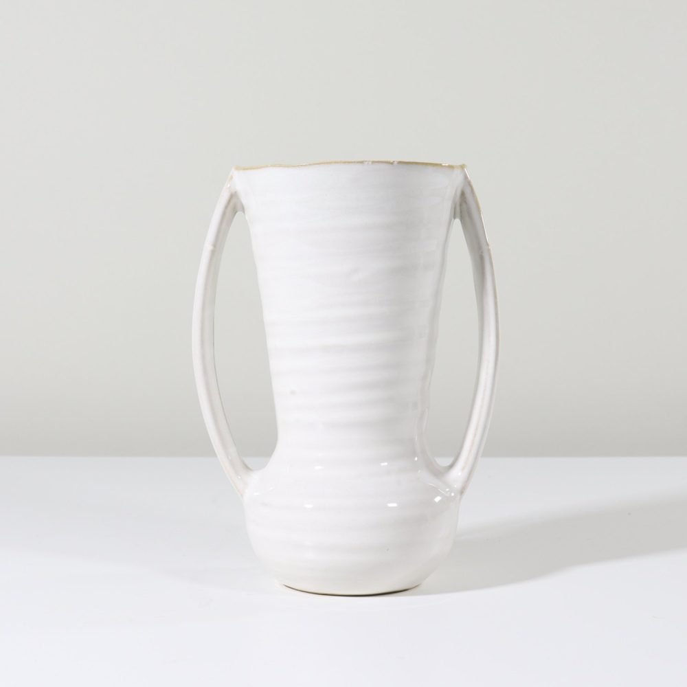 white glossy ribbed organic shaped vase with elongated handles small