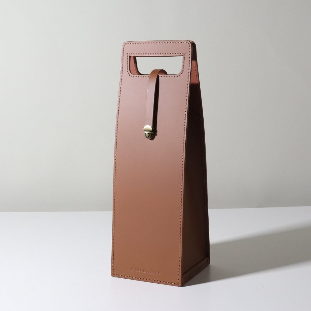 brown leather structured contemporary wine tote with clasp