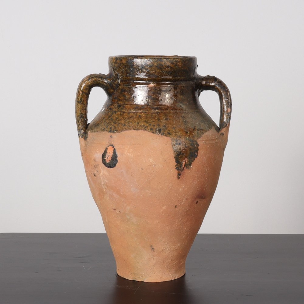 vintage terra cotta urn dipped in dark green glaze