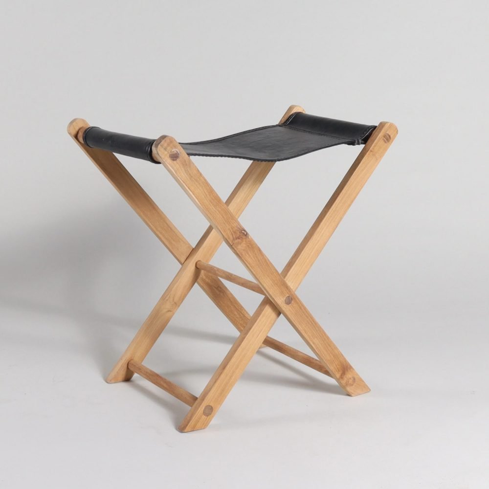 folding black leather sling stool natural wood frame