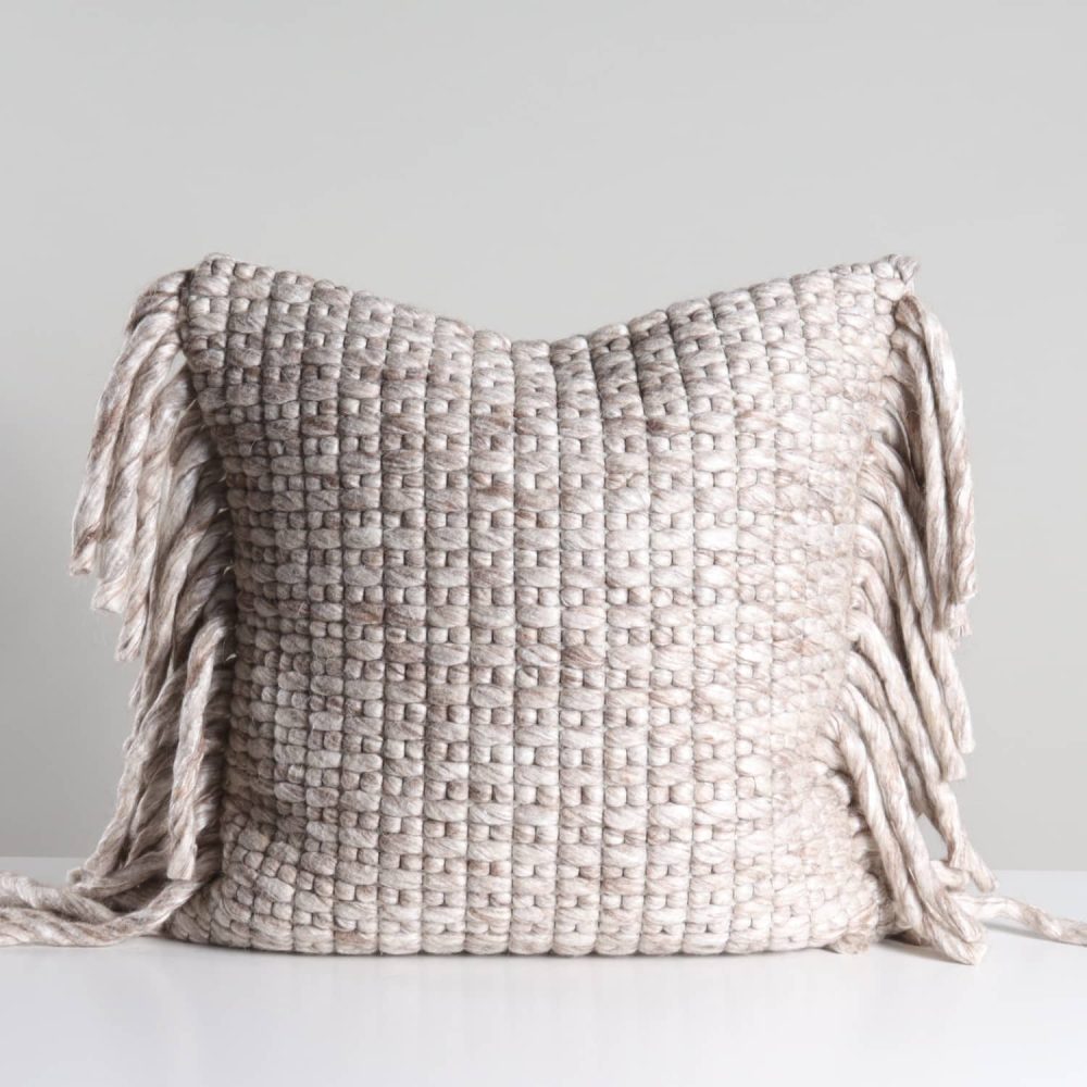 oatmeal chunky basketweave rope fringe pillow