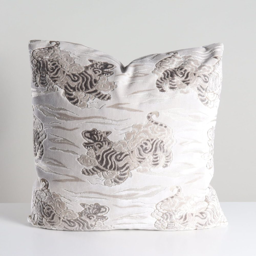 silver cut velvet tiger chinoiserie pillow