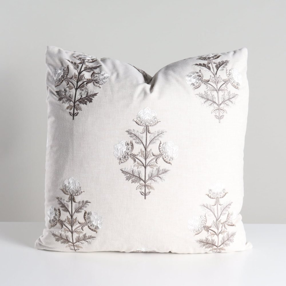 thistle embroidered block print linen pillow