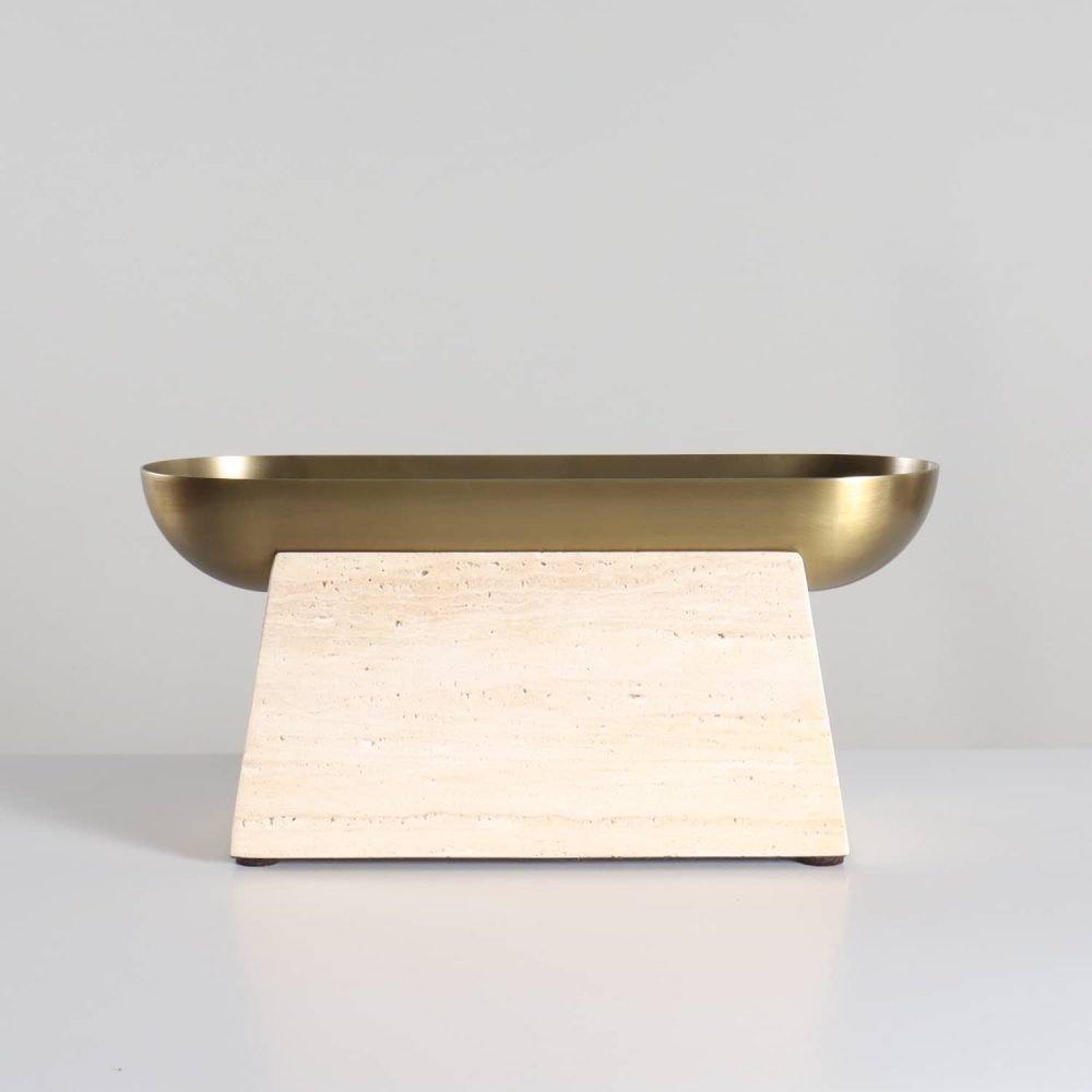 travertine pedestal brushed brass oblong bowl